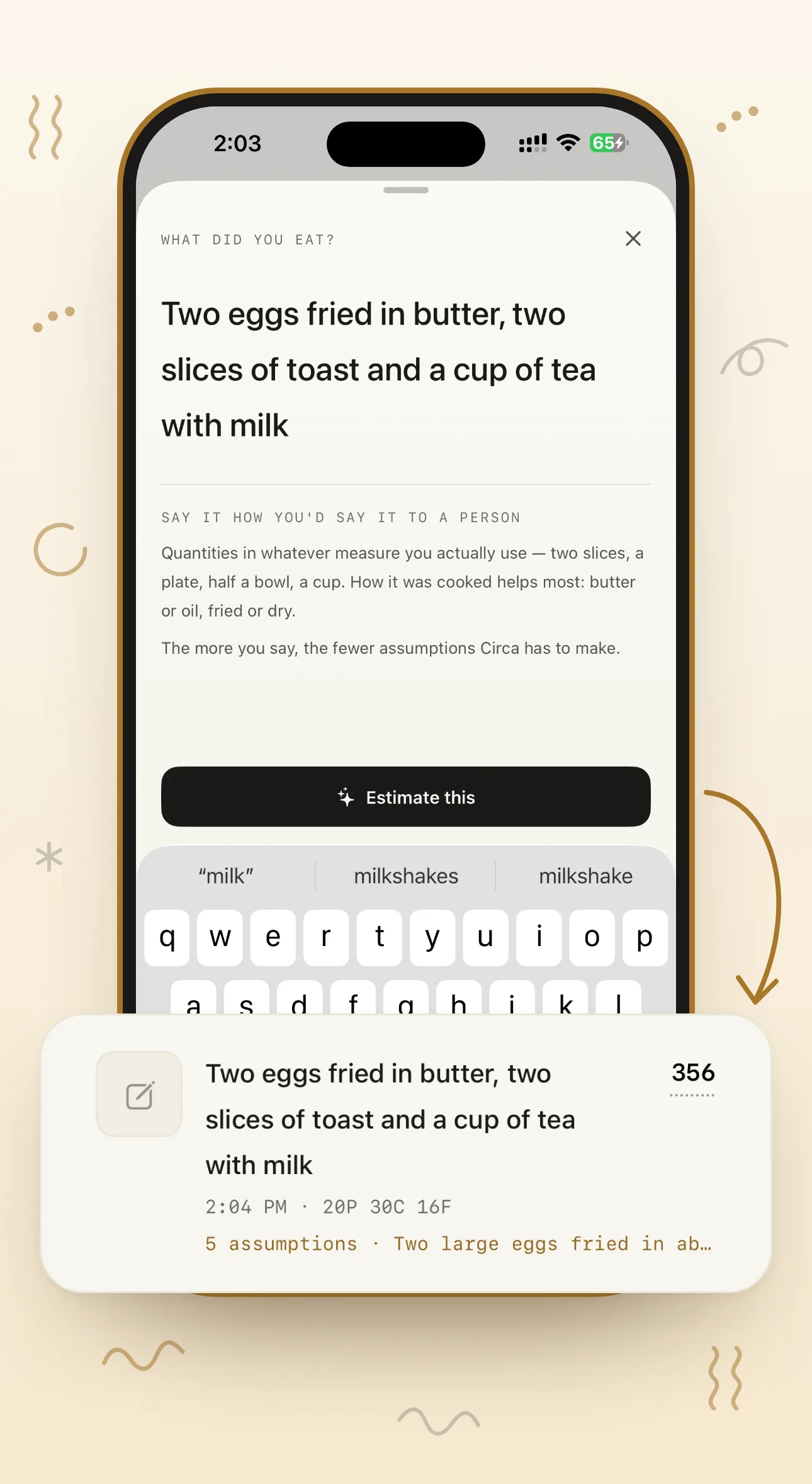 The Circa composer with the typed meal “Two eggs fried in butter, two slices of toast and a cup of tea with milk”, and the logged result at 356 kcal with five assumptions
