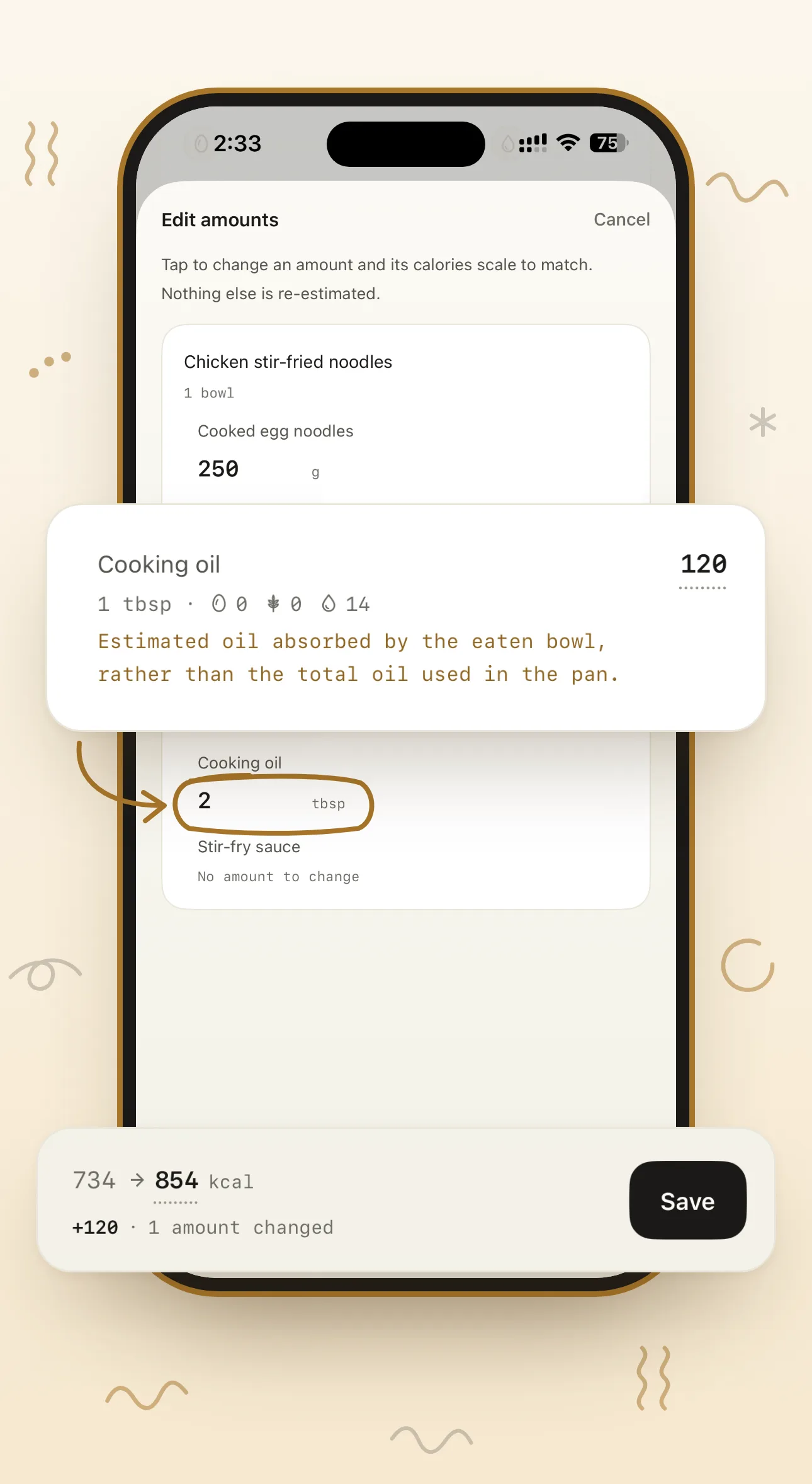 The Circa amounts editor for chicken stir-fried noodles, showing the assumption behind the cooking oil and the meal total moving from 734 to 854 kcal