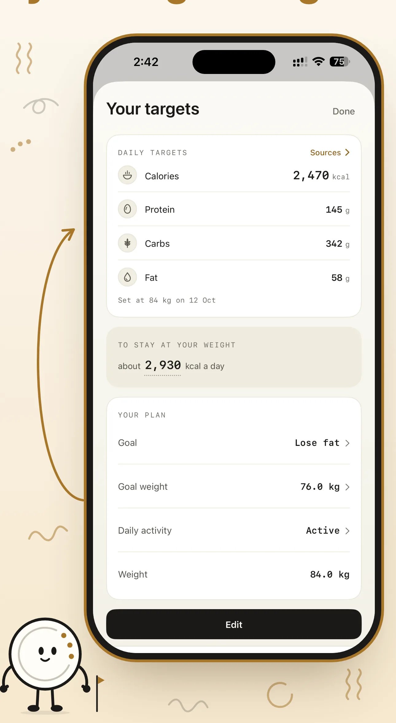 The Circa targets screen: 2,470 kcal, 145 g protein, 342 g carbs and 58 g fat, with the plan behind them — lose fat, goal weight 76 kg
