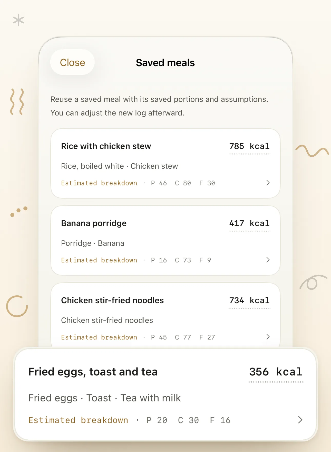 The Circa saved meals list — rice with chicken stew, banana porridge, chicken stir-fried noodles — each with its estimated breakdown and macros