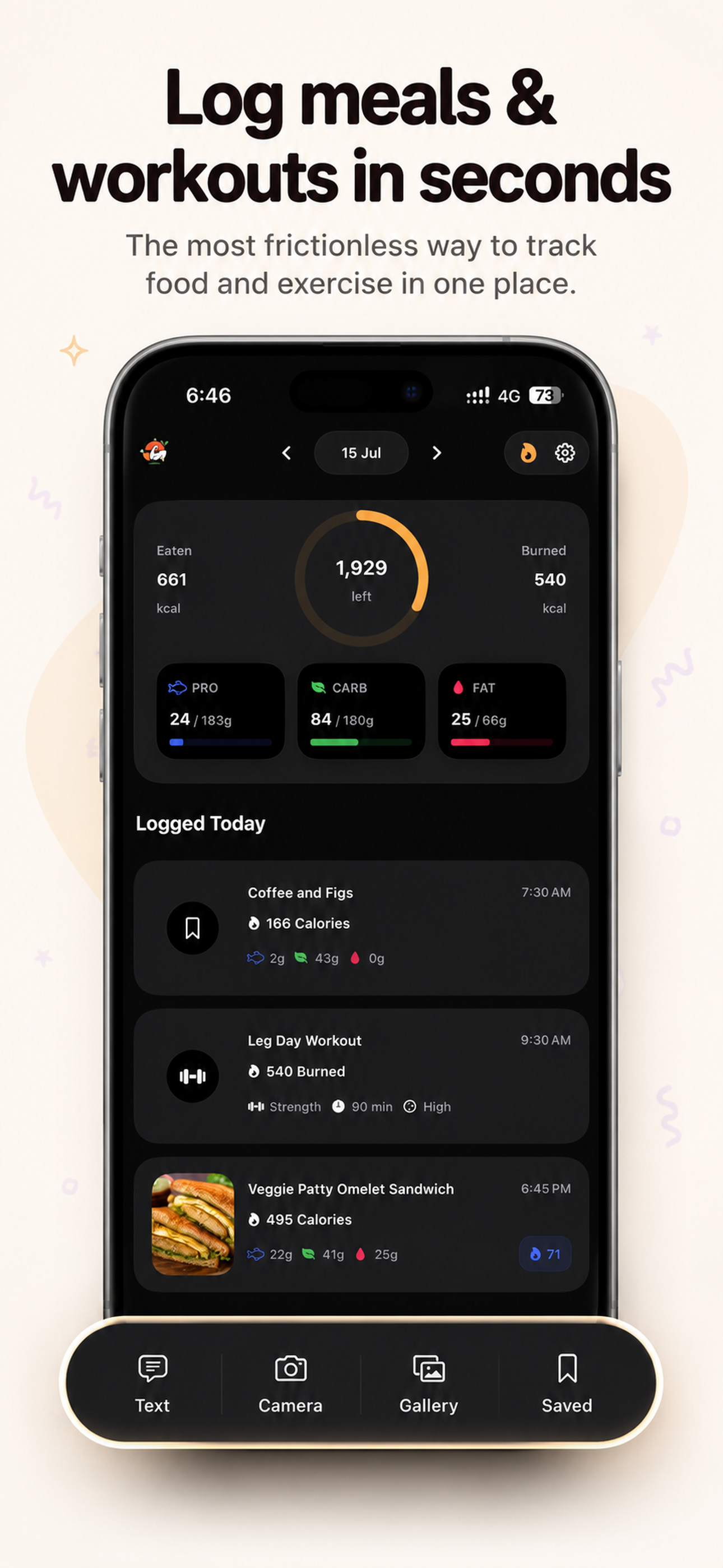 LiftEats screen for logging meals and workouts