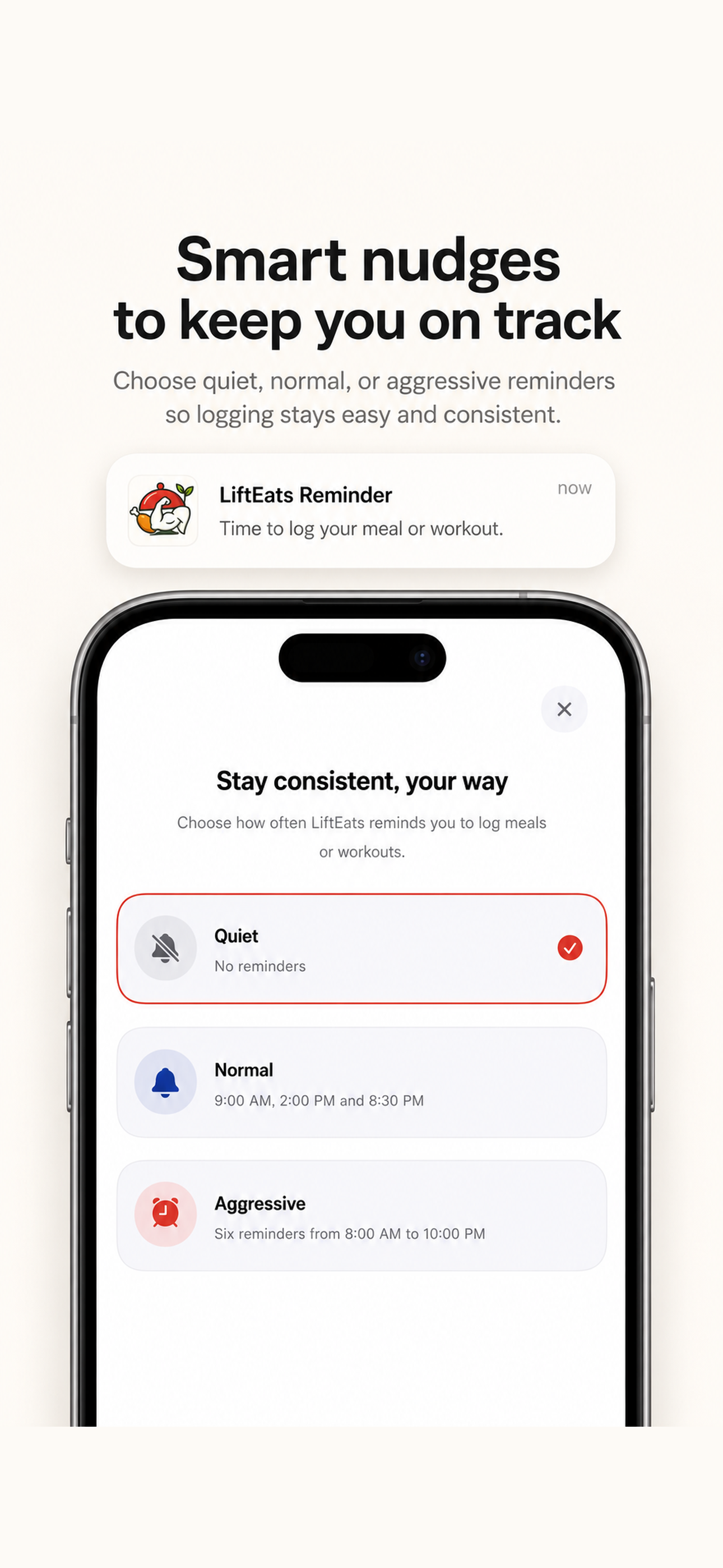 LiftEats reminder preference screen