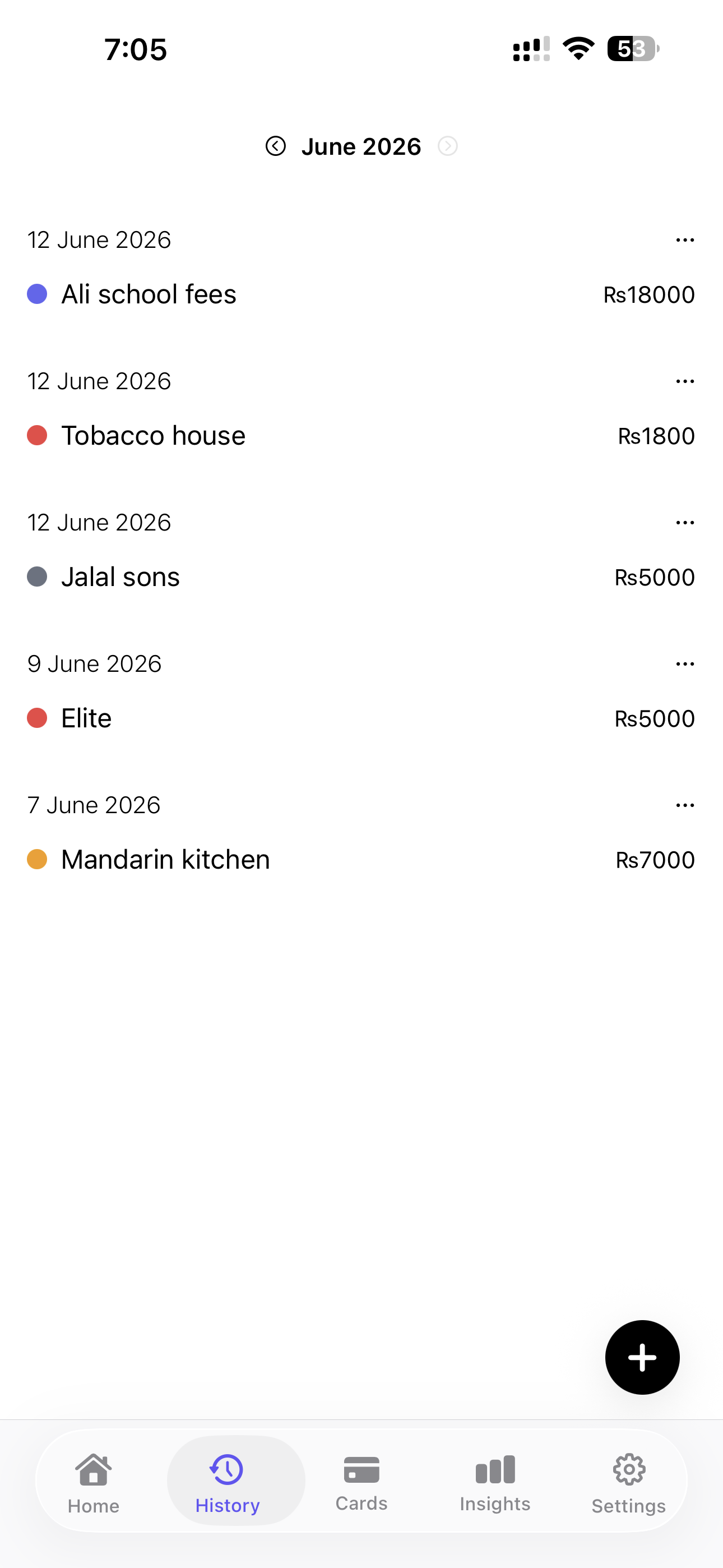 SpendWise expense history screen
